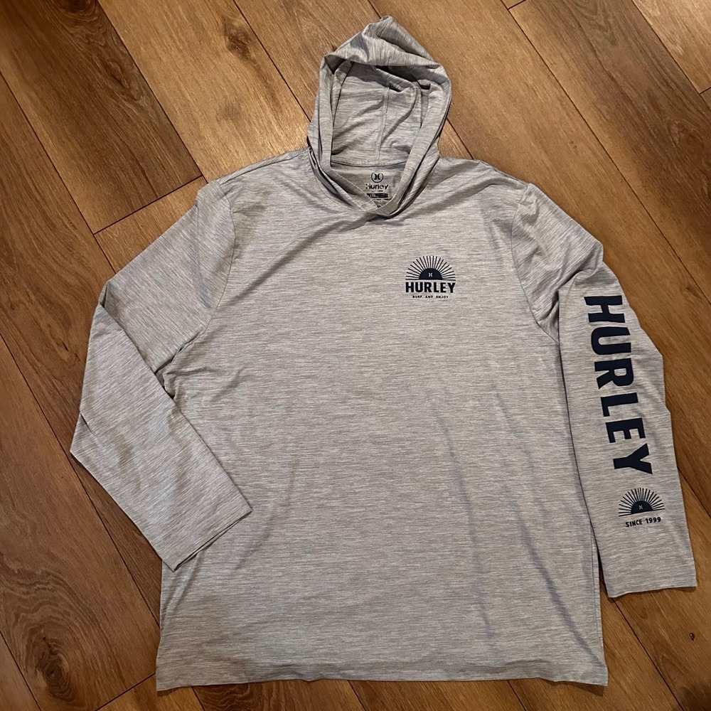 Hurley Mens XXL Gray Heathered Long Sleeve Hooded Sun Shirt Surf Graphic Tee